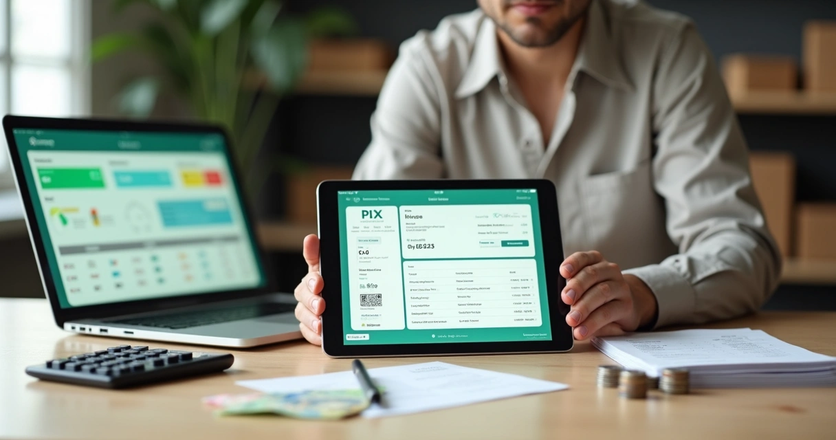 Gestor de pequena empresa analisando painel de Pix e cobranças em tablet sobre mesa com dinheiro e faturas 
