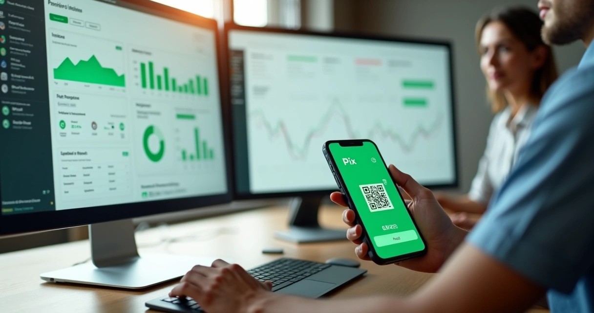 Tela de computador com painel financeiro de Pix para empresas ao lado de celular com QR Code de pagamento 
