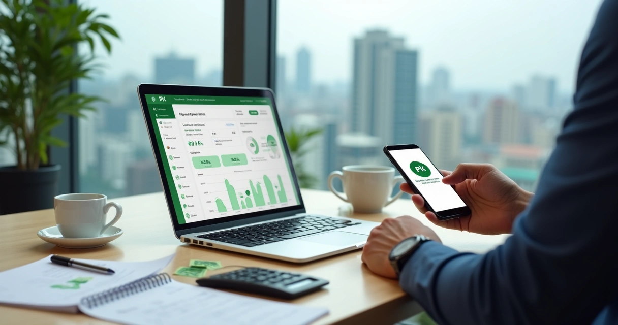 Empresário usando notebook e celular para receber pagamentos via Pix na empresa 