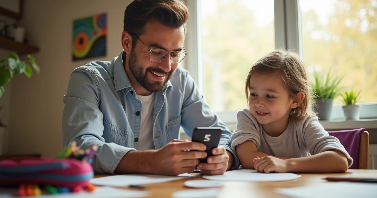 Pai utilizando celular para pagar mensalidade escolar por Pix sentado em sala de casa com criança ao lado 