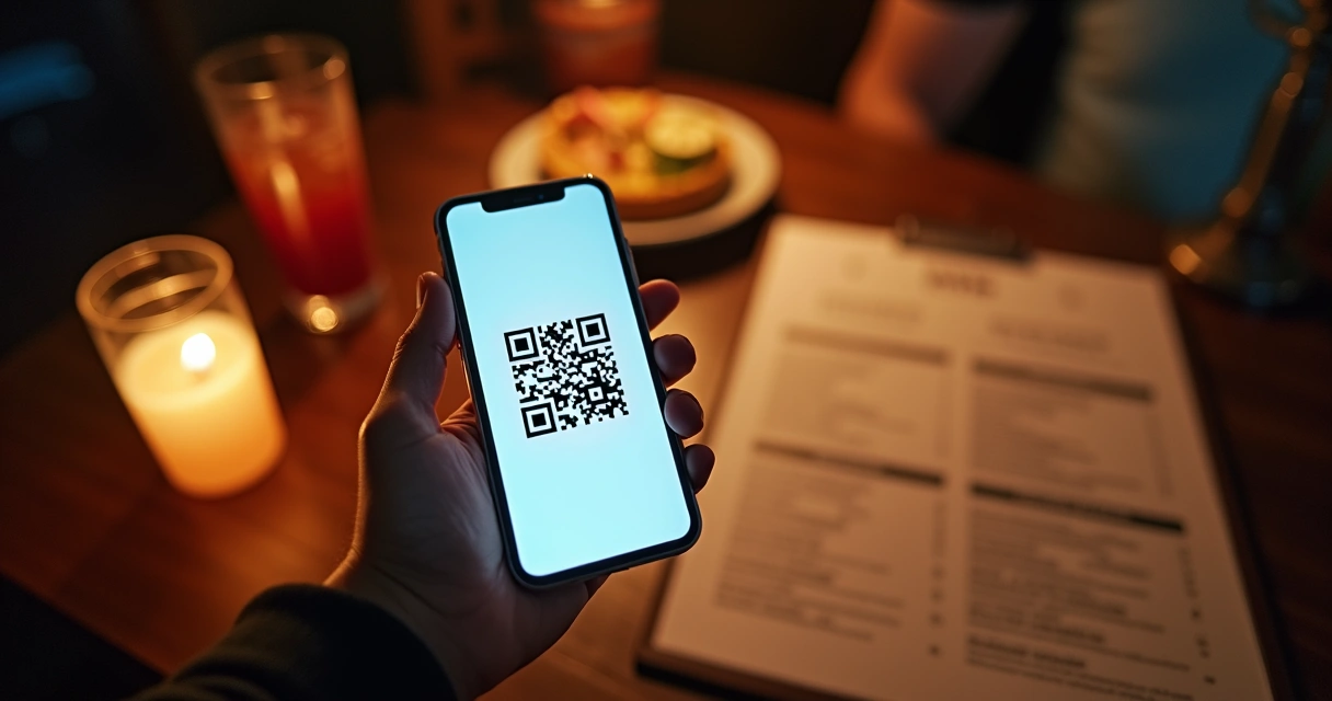 Celular exibindo pagamento por Pix em mesa de bar com cardápio ao fundo 