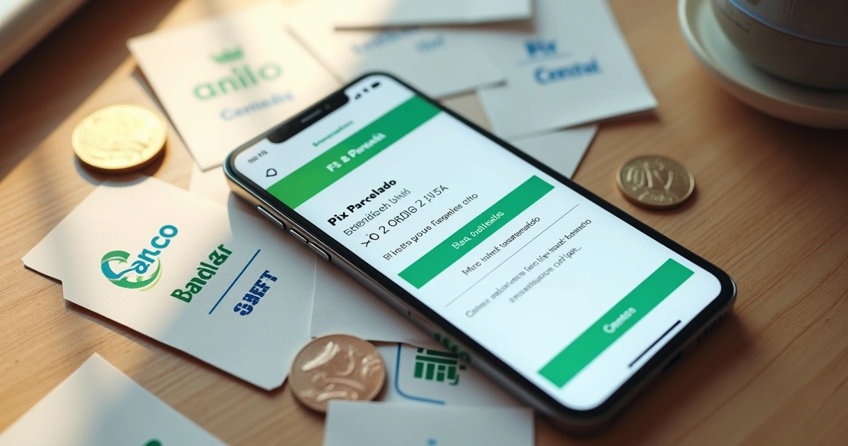 Tela de smartphone exibindo opção de Pix Parcelado e símbolo do Banco Central 