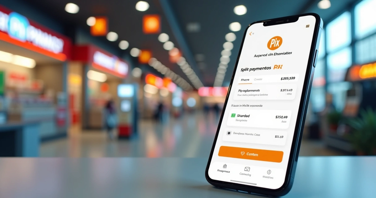 Tela de smartphone exibindo transação de pagamento via pix parcelado com ícones de lojas e carrinho de compras ao fundo 
