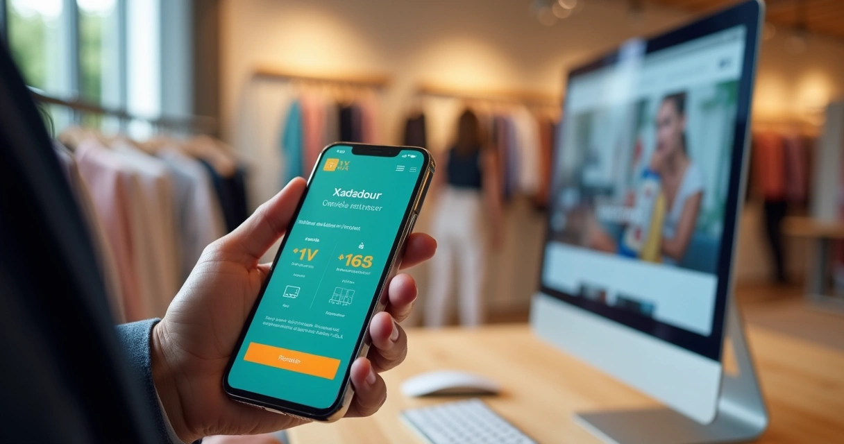 Pessoa realizando pagamento parcelado via Pix em smartphone com loja e ecommerce ao fundo 
