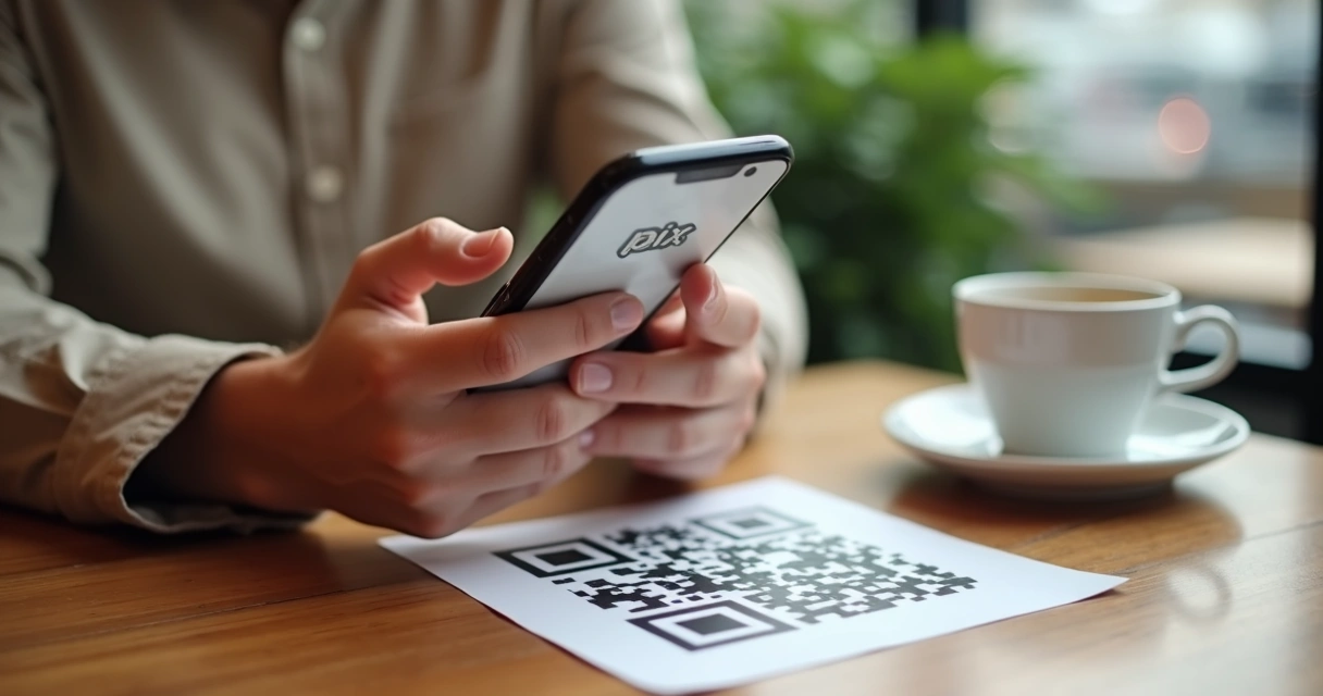 Pessoa aproximando celular de QR Code para pagar com Pix 