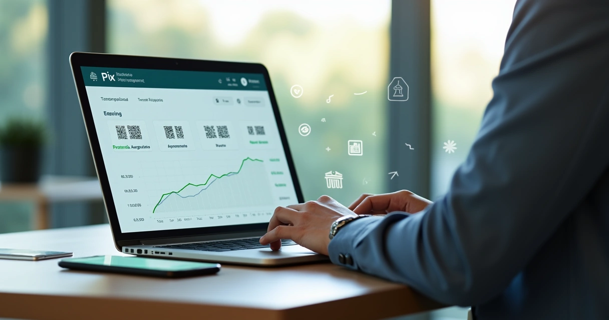 Empresário usando laptop para gerenciar pagamentos recorrentes via Pix em painel financeiro digital 