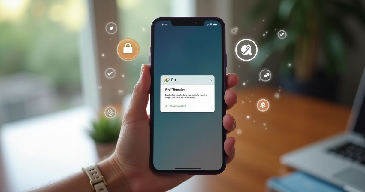 Pessoa segurando celular mostrando tela de transferência Pix e alerta de segurança 