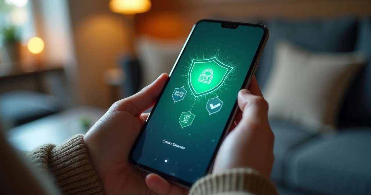 Pessoa usando smartphone para fazer transferência Pix com símbolos de segurança