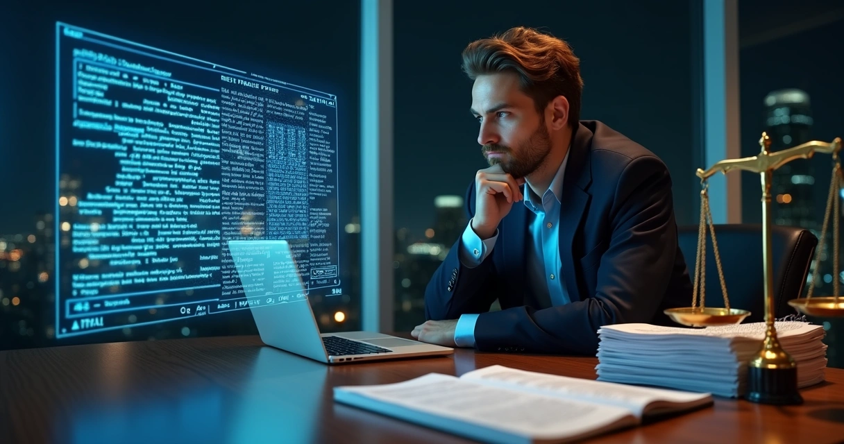 Lawyer reviewing pixel tracking code projected beside legal scales 
