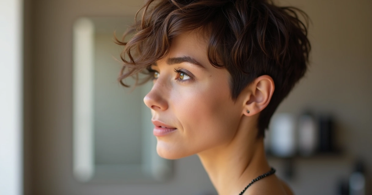 Pixie cut em cabelo ondulado com rosto oval 