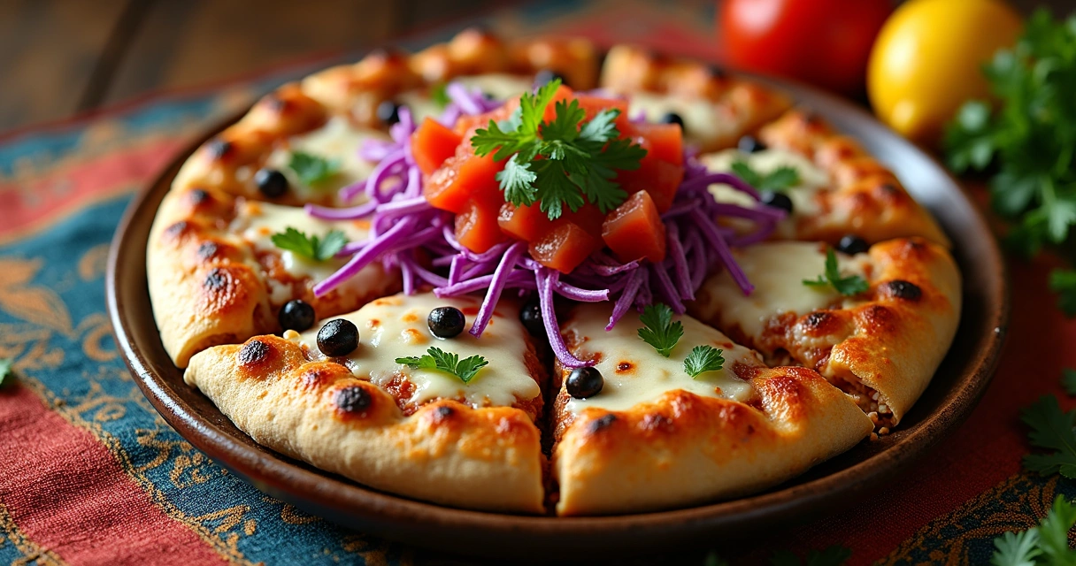 Cantina Chicken Mexican Pizza servida em prato com repolho roxo e pico de gallo decorando 