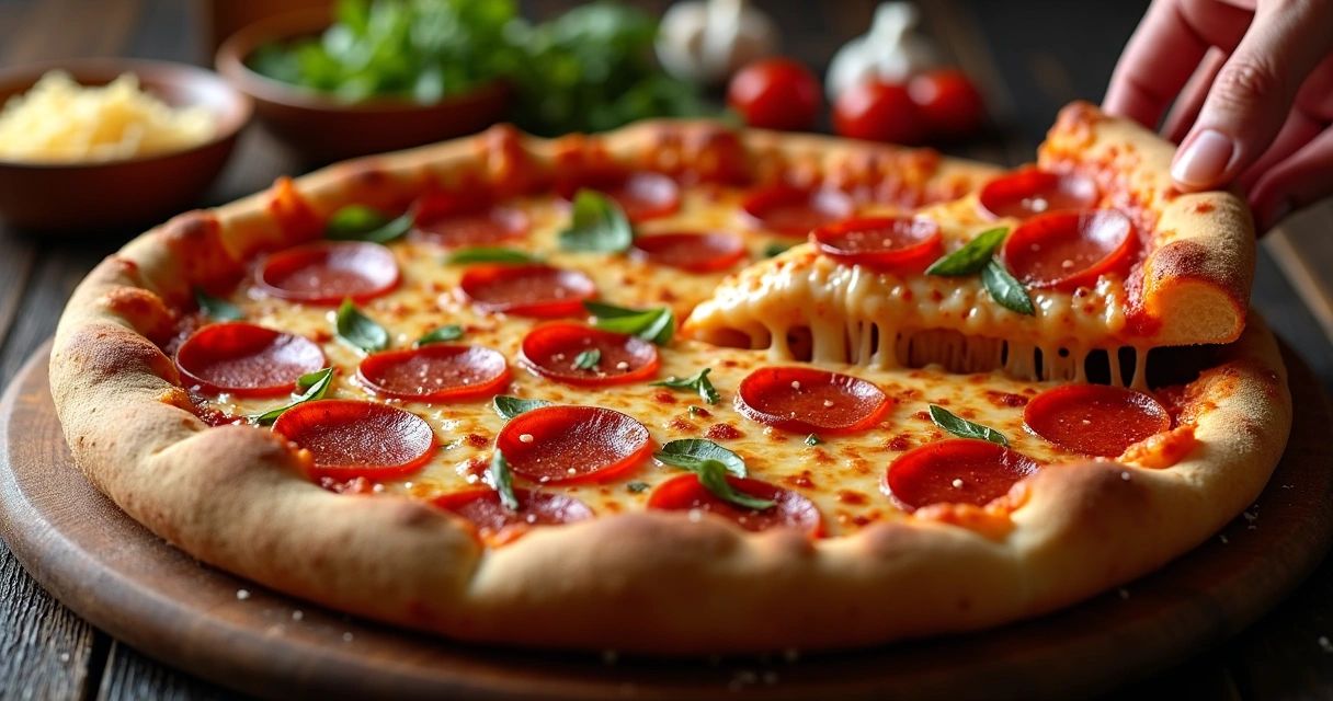 Pizza grande de pepperoni com borda recheada cortada em uma mesa de madeira 