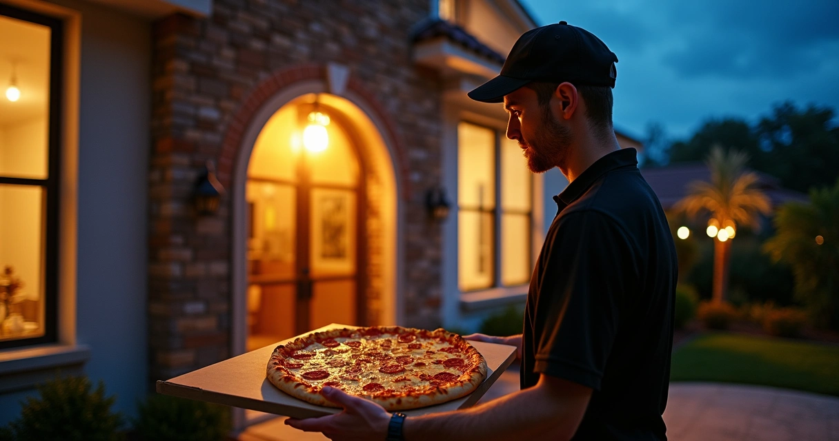 Pizza sendo entregue na porta de uma casa moderna em Orlando