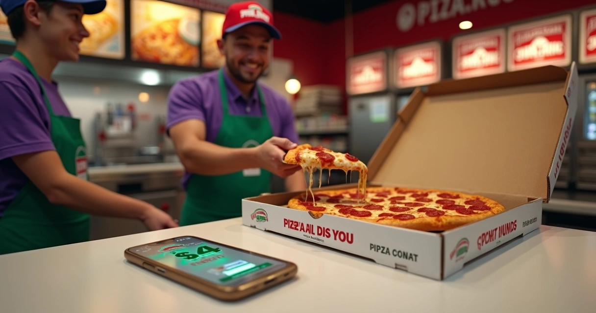 Cliente retirando pizza em balcão da Papa Johns com destaque para benefício Pizza Miles 