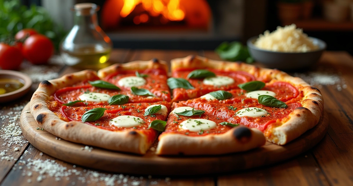 Pizza napolitana em uma mesa rústica na Itália, com fatias e azeite ao fundo.