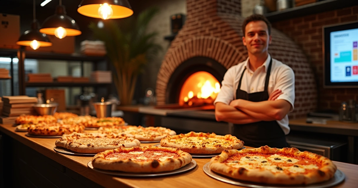 Dono de pizzaria em frente ao forno a lenha com várias pizzas prontas sobre o balcão 