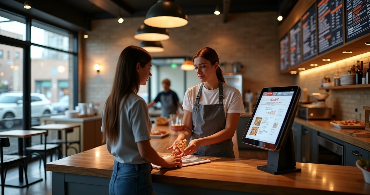 Cliente usando totem digital em pizzaria moderna