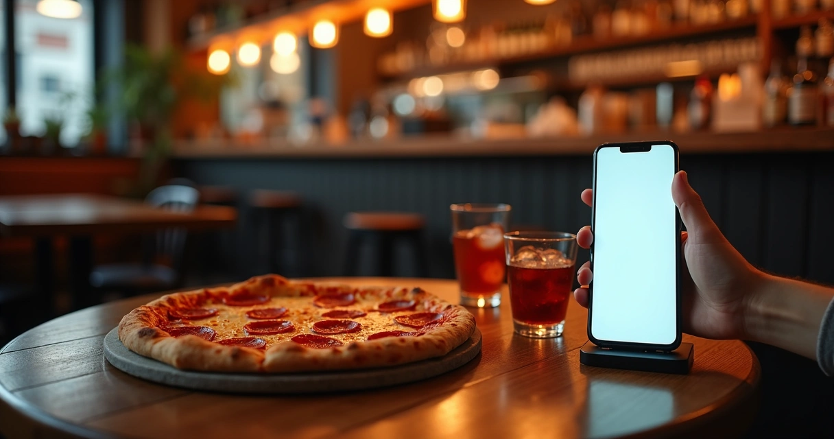 Cliente em pizzaria usando cardápio digital no celular sobre a mesa com pizza e bebidas 