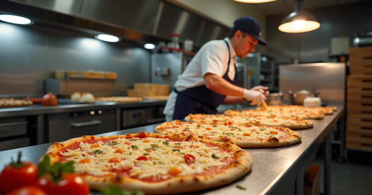 Pizzaiolo preparando pizza em cozinha, com ingredientes organizados ao redor 