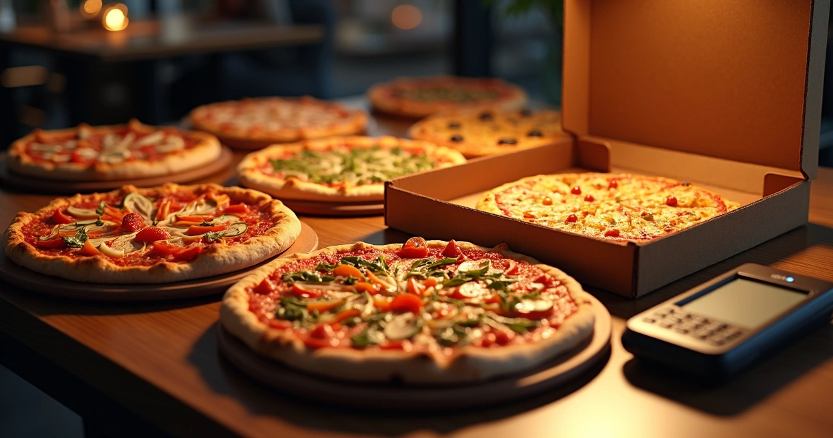 Pizzas variadas sobre uma mesa com caixa de entrega ao centro 