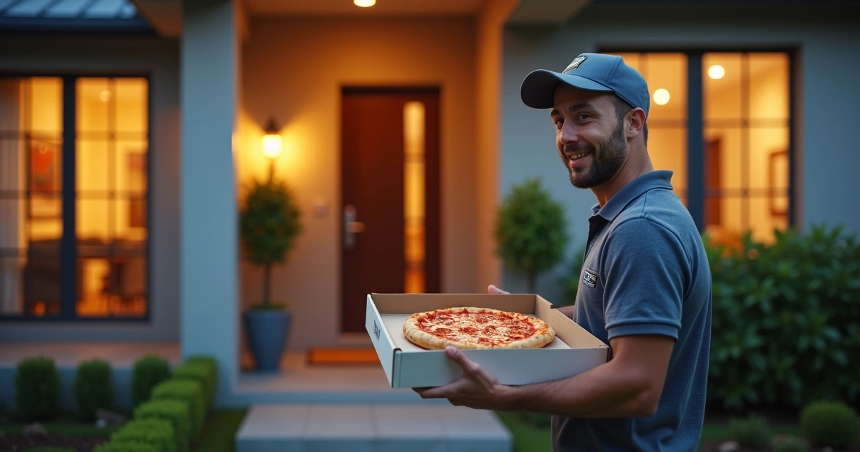 Entregador de pizza sorridente entregando pizza na porta de uma casa.