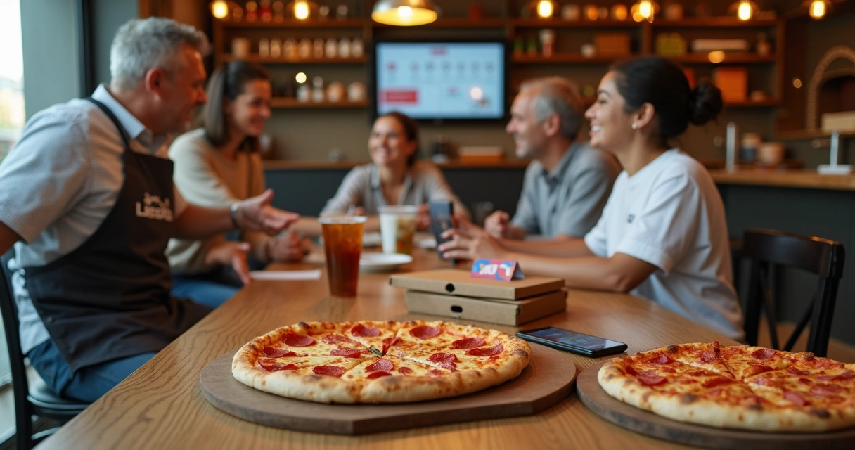 Dono de pizzaria cumprimentando clientes fiéis ao lado de mesa com pizzas e cartão de fidelidade 