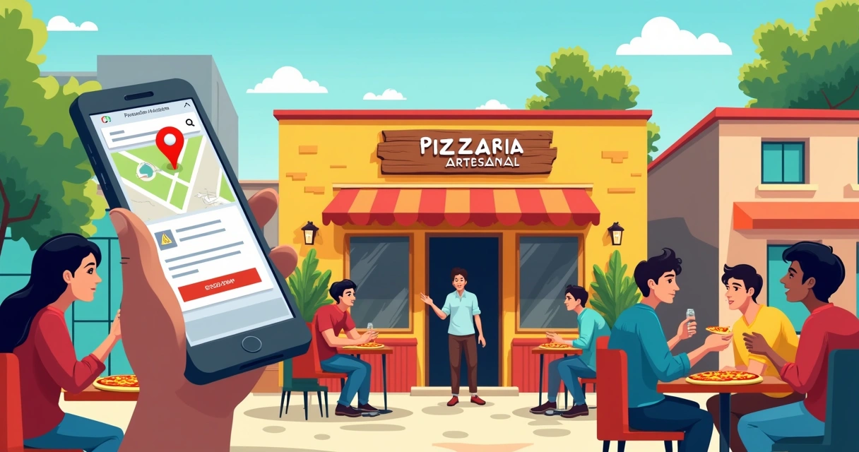 Ilustração de uma pizzaria local convidativa com pessoas felizes e um smartphone mostrando o Google Maps.