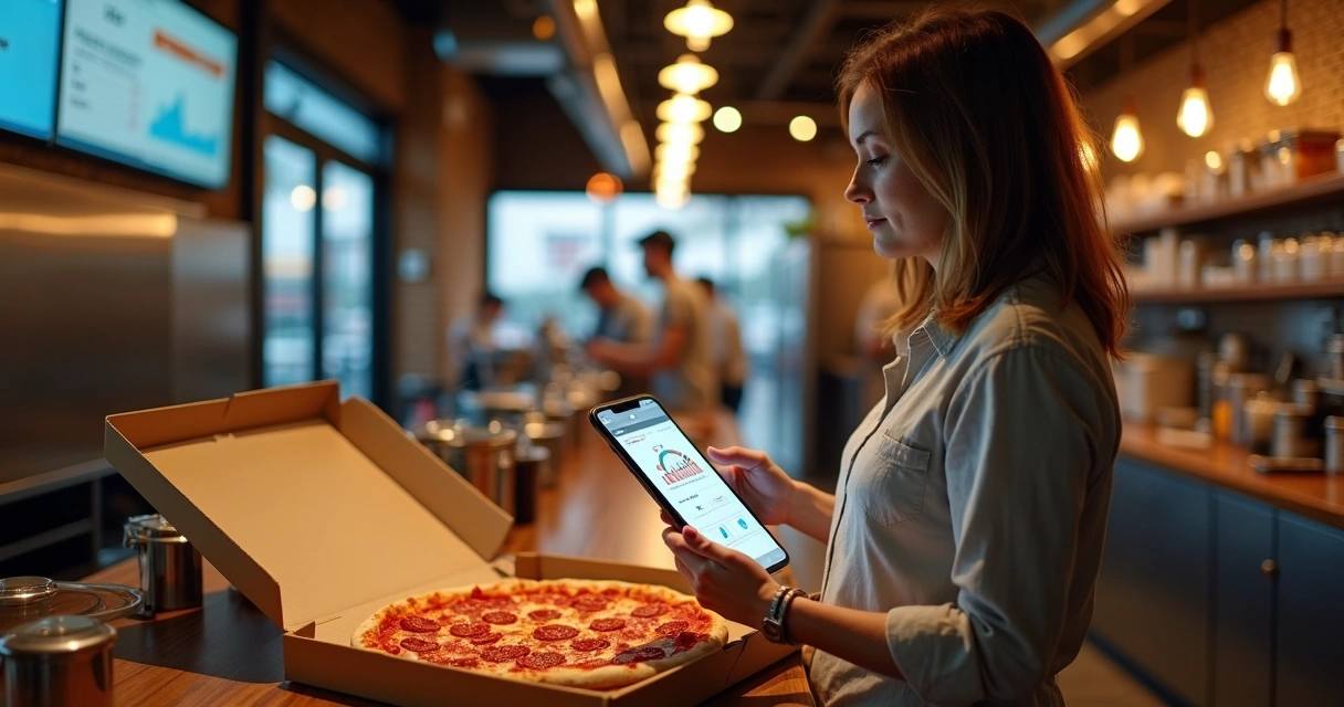 Gestora de pizzaria analisando gráfico de crescimento em tablet ao lado de forno de pizzas 