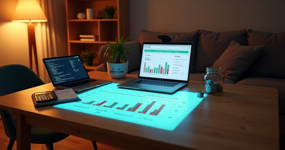 Profissional PJ em casa usando projetor sobre a mesa para planejar quanto sobra por mês 