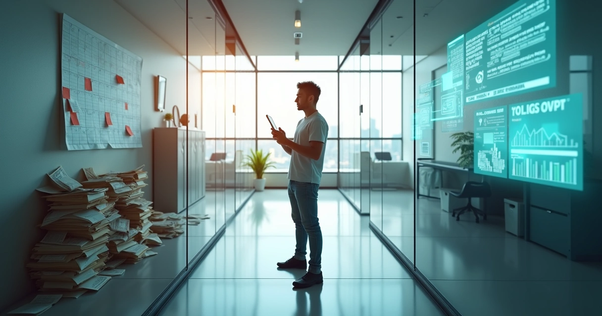 Profissional de tecnologia avaliando caminhos entre dois serviços de contabilidade 