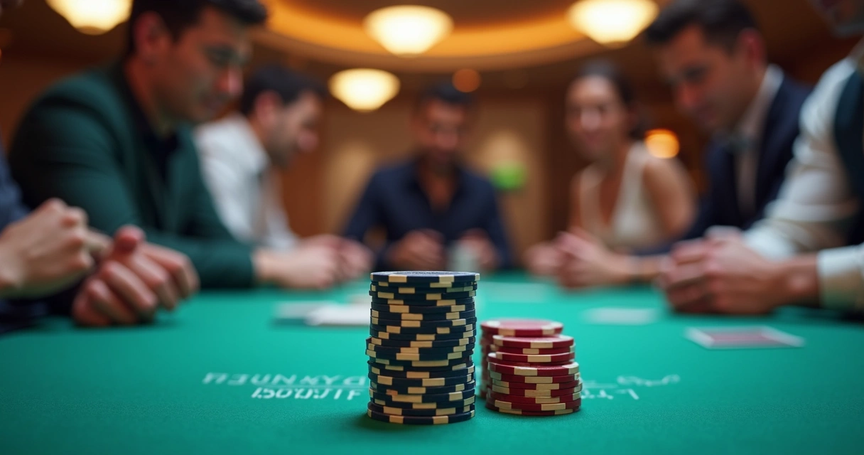 Players at poker table focused on bounty chips 
