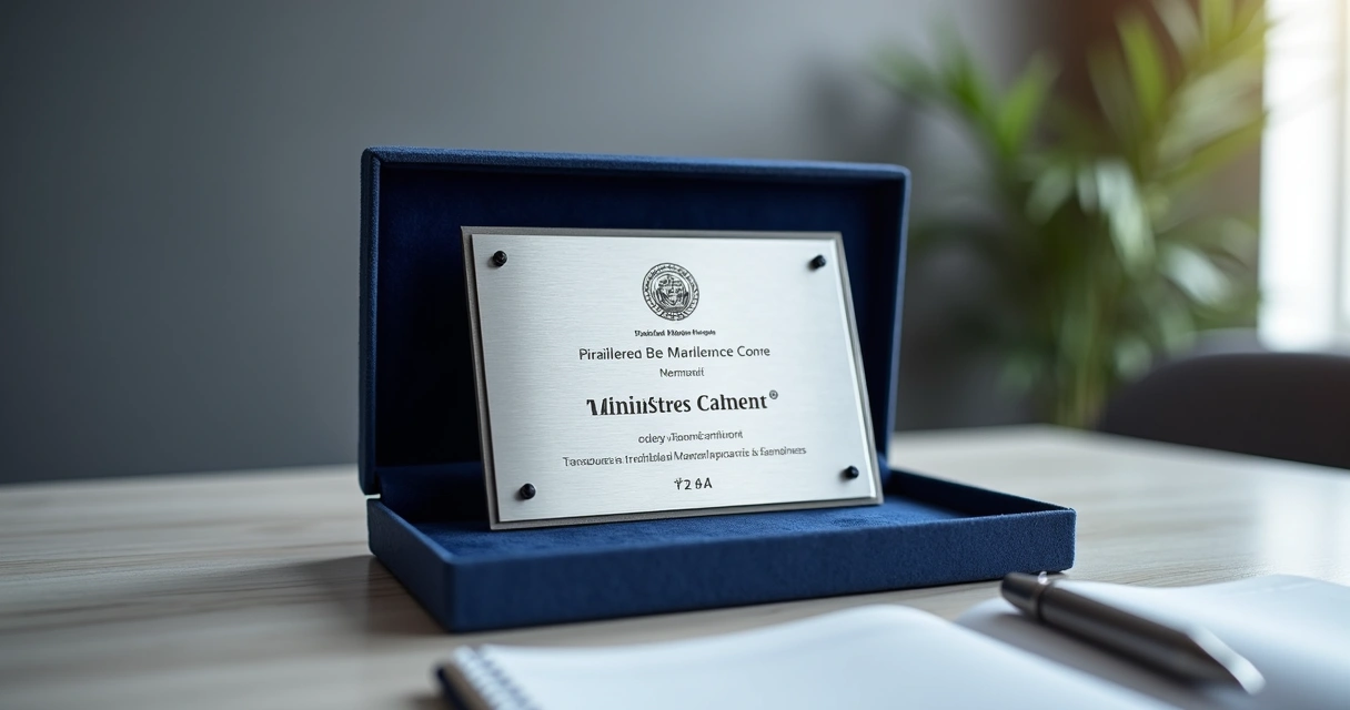 Placa de aço escovado com layout corporativo e estojo