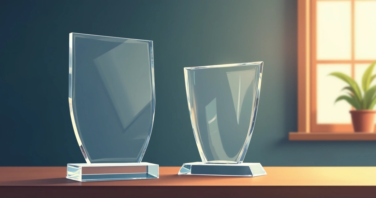 Placa de acrílico gravada a laser para homenagem, ao lado de troféu acrílico 