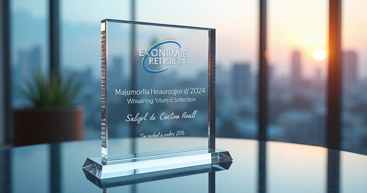 Placa de acrílico transparente com gravação personalizada presente em mesa de evento empresarial