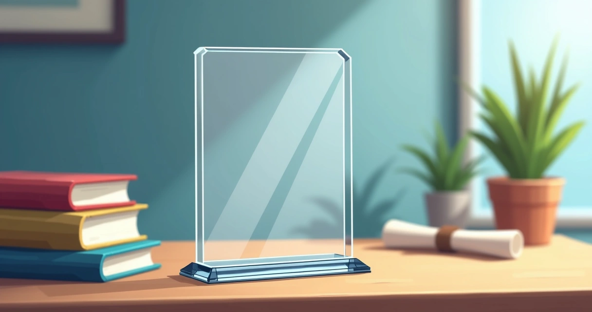 Placa de acrílico transparente com gravação personalizada ao lado de diploma. 