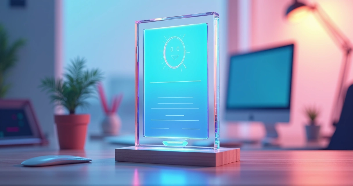 Placa de acrílico personalizada dentro de estojo transparente em ambiente moderno 