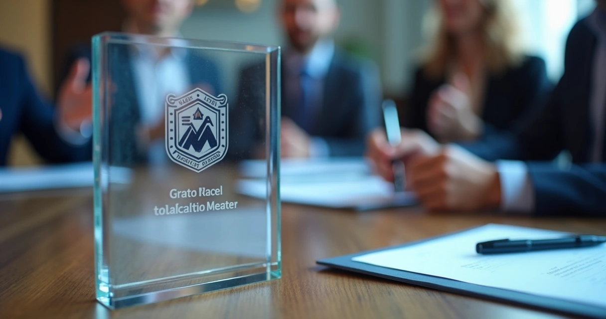 Placa de acrílico personalizada sobre mesa em evento corporativo 