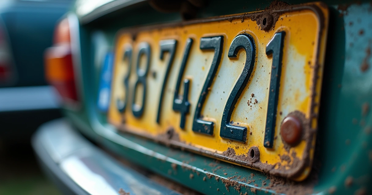 Detalhe de uma placa de carro com pintura irregular e caracteres desalinhados 