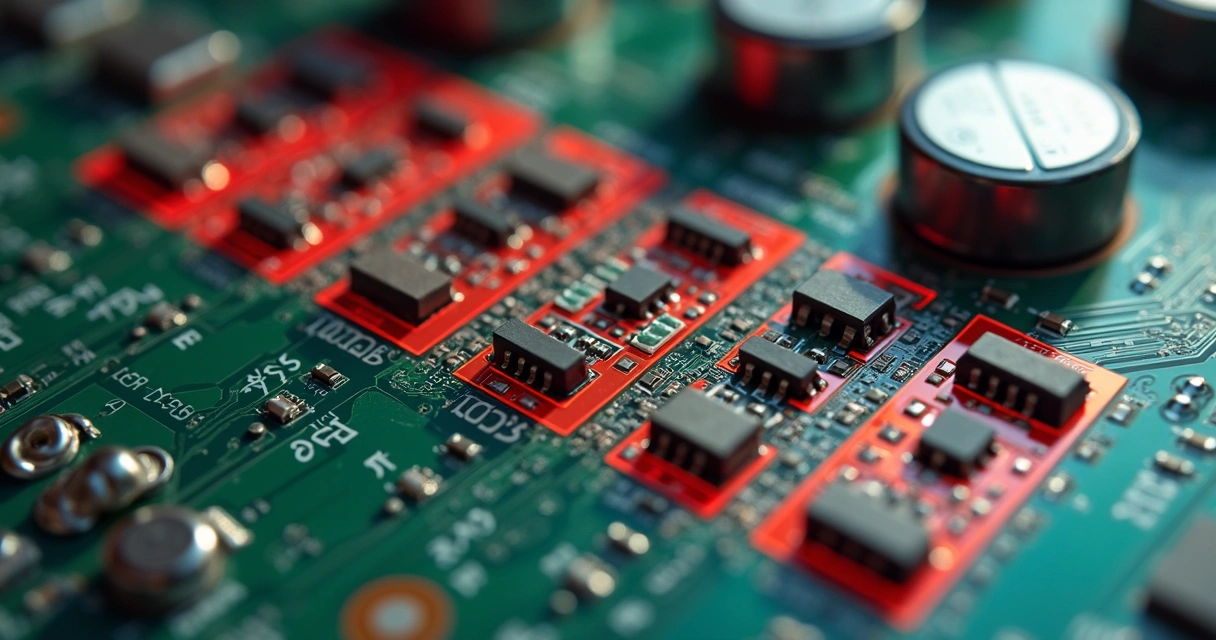 Placa de circuito eletrônico com destaque em vermelho para áreas que contém substâncias restritas