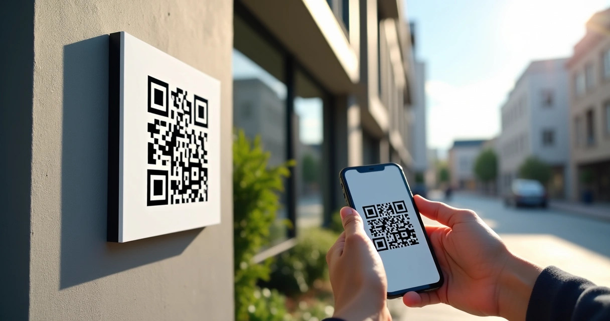 Placa de imóvel com QR code em uma fachada moderna, detalhes em close de mãos segurando smartphone lendo o código 