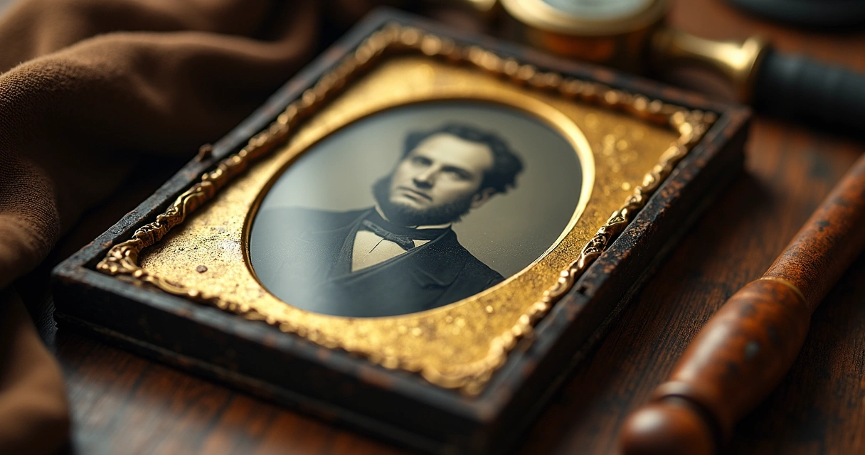 Placa de daguerreótipo com imagem antiga em preto e branco 