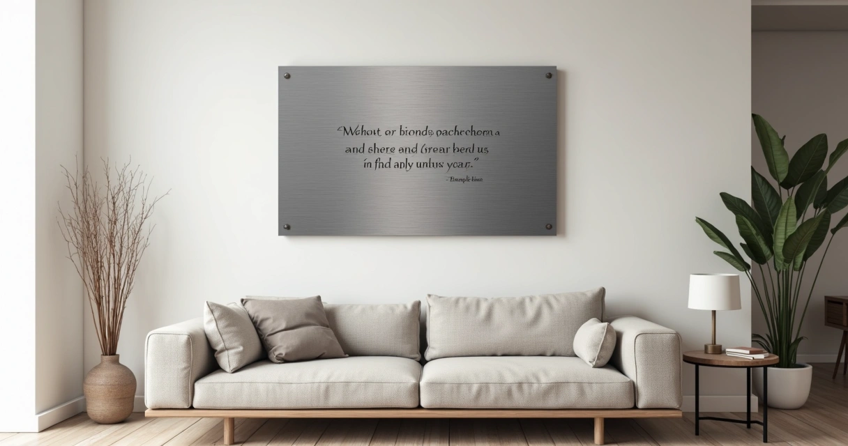 Placa decorativa de aço escovado com frase personalizada em parede de sala moderna 