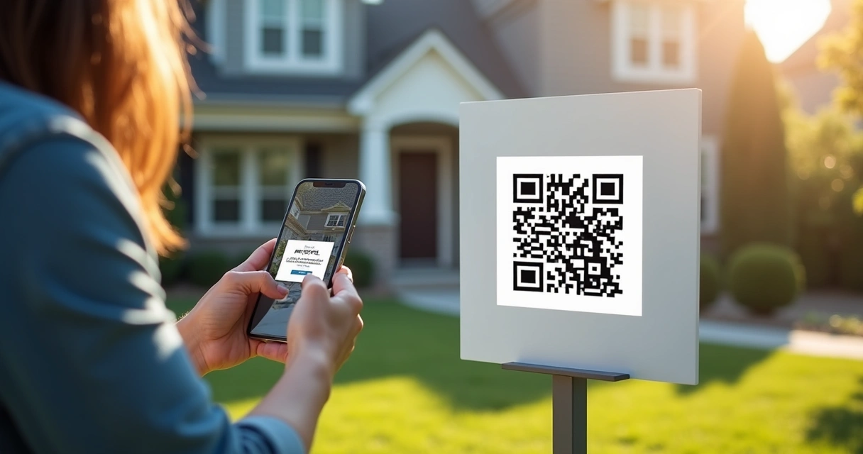 Placa de imobiliária com QR Code em frente a casa