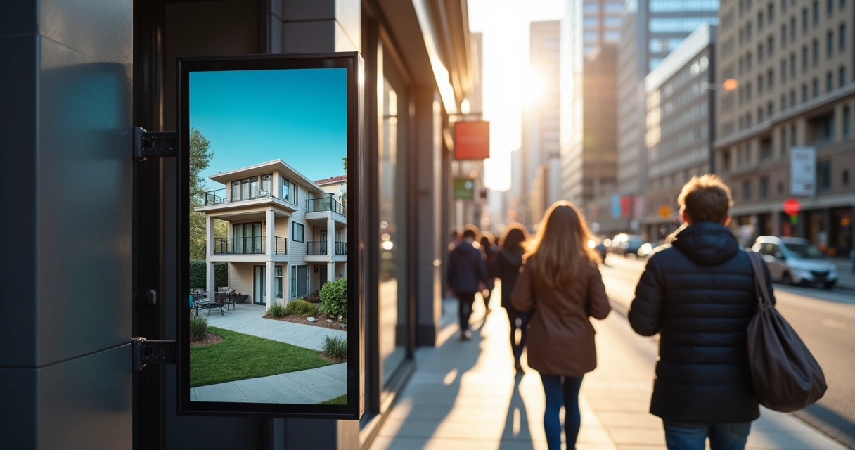 Placa digital de imóvel na rua, pessoas consultando com celular