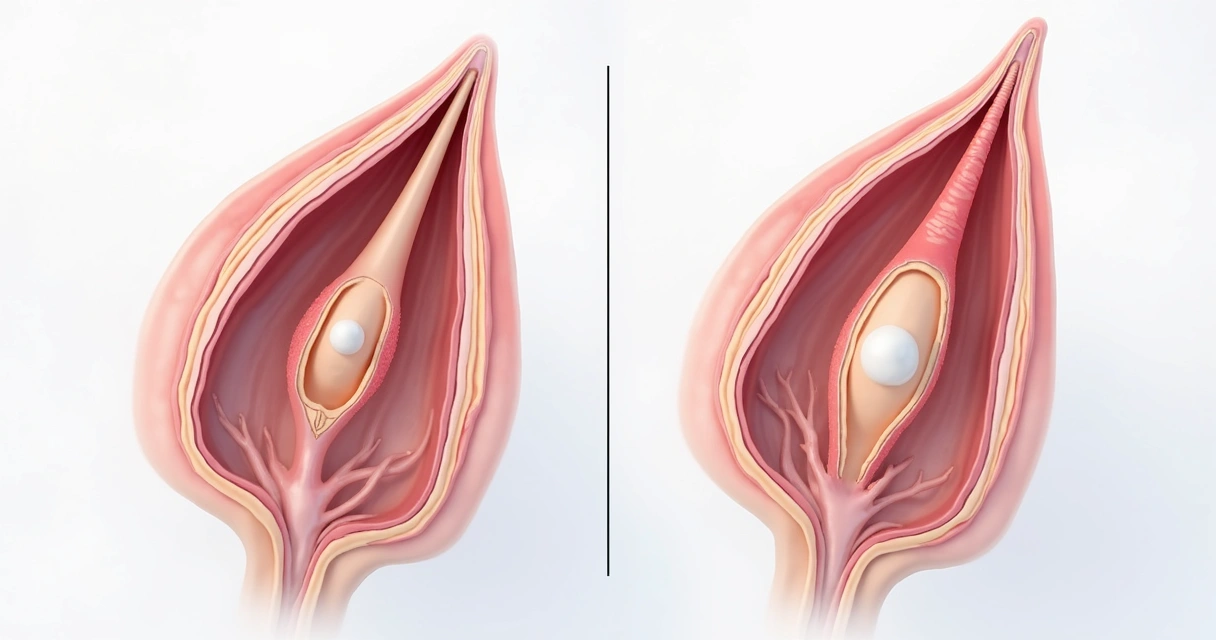 Ilustração médica de placa fibrosa causando curvatura peniana