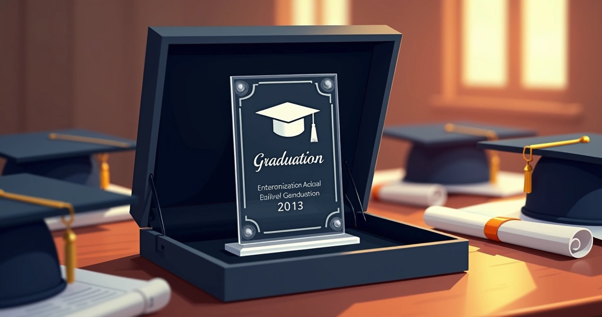 Placa de formatura personalizada em acrílico com detalhes prateados em estojo elegante aberta sobre mesa cerimonial 