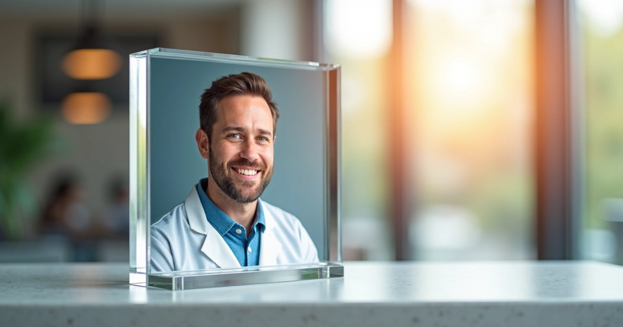 Placa de homenagem em acrílico e vidro com retrato colorido. 