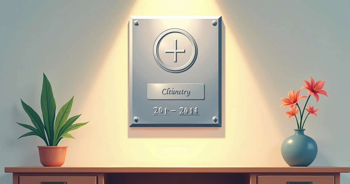 Placa de homenagem de aço inox com gravação personalizada instalada em parede 