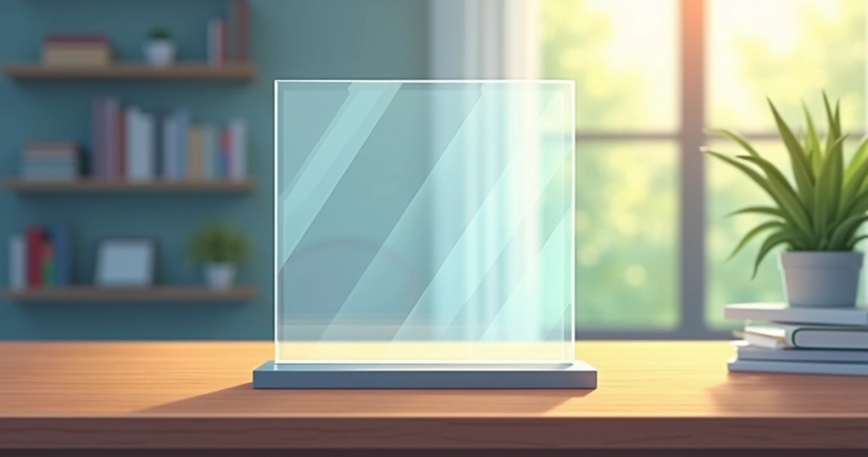 Placa de homenagem em acrílico transparente com texto personalizado sobre mesa de escritório 