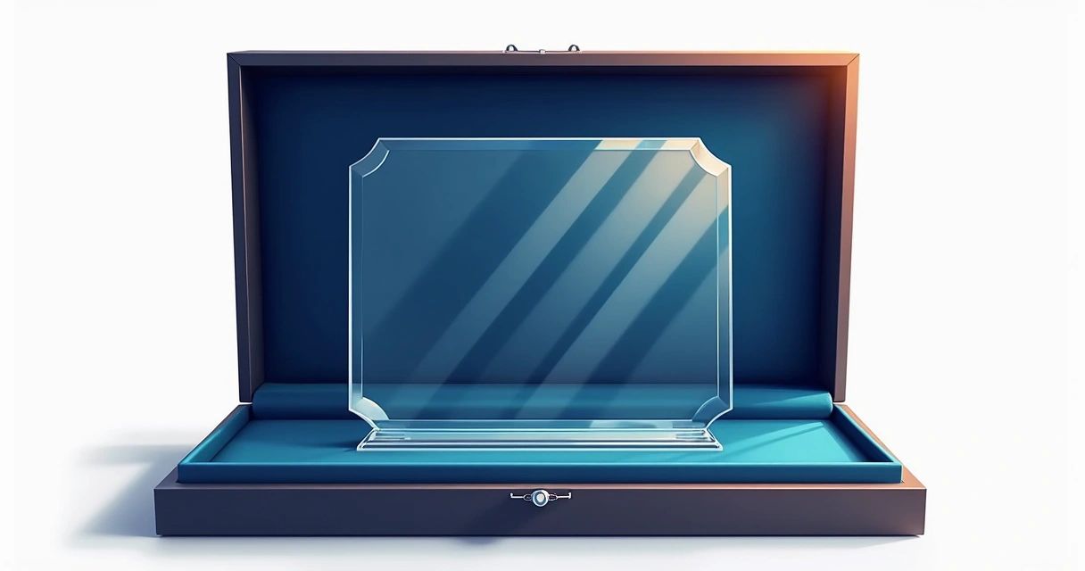 Placa de homenagem em acrílico transparente dentro de estojo premium forrado de veludo azul, aberta e com reflexo de iluminação suave 